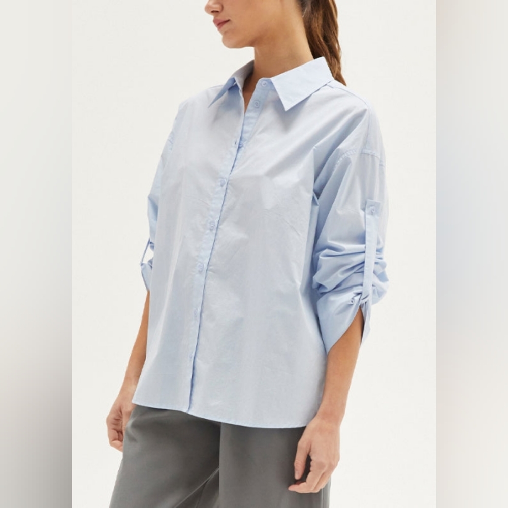 {Crescent} Tie Back Light Blue Button Down Top